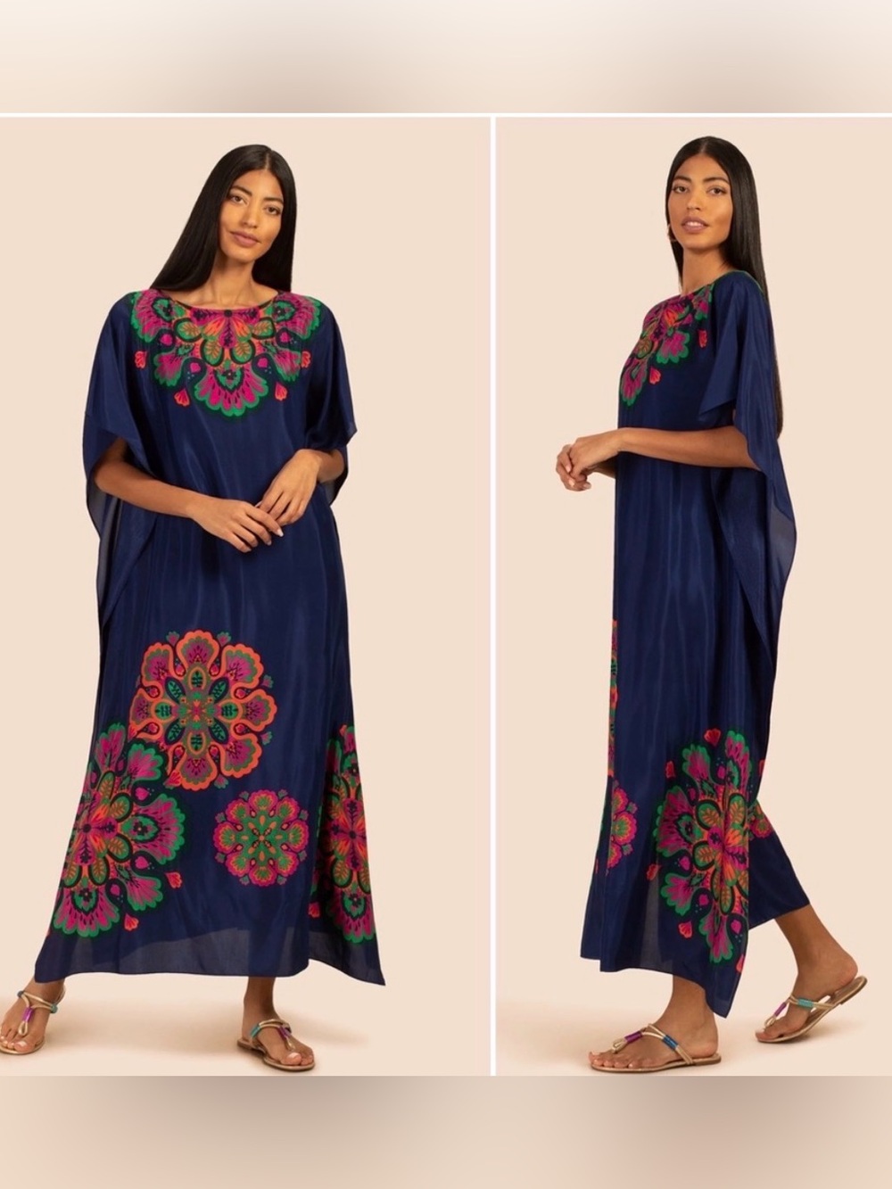 Trina Turk Theodora Maxi Caftan Boatneck in Bengal Blue Short Kimono Sleeves XL